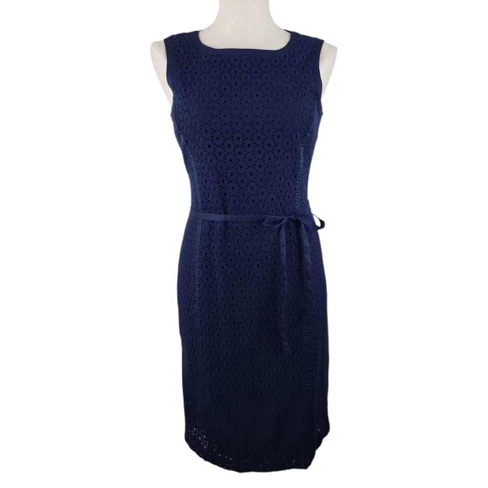 Talbots Navy Blue Eyelet Sheath Sleeveless Dress Sz 4 Lined Tie at Waist